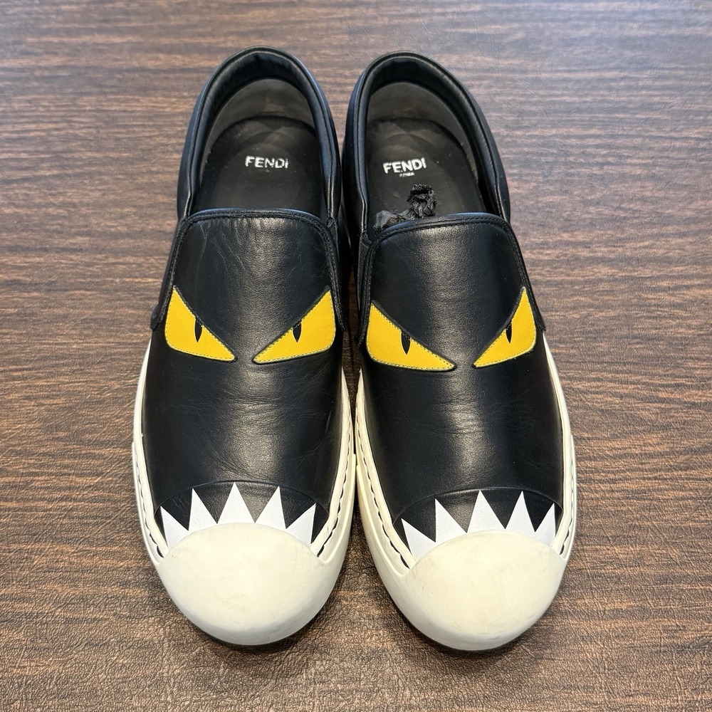 FENDI Authentic Slip-ons Shoes Sneakers Monster Bugs Eye Size 38 Black Leather